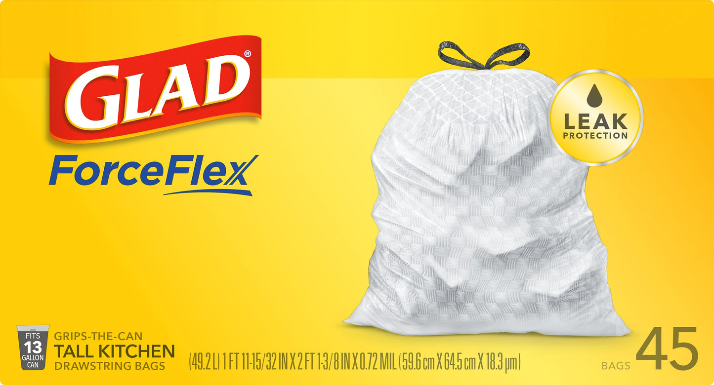 Glad ForceFlex 13 Gallon Drawstring Tall Kitchen Bags 45 ea