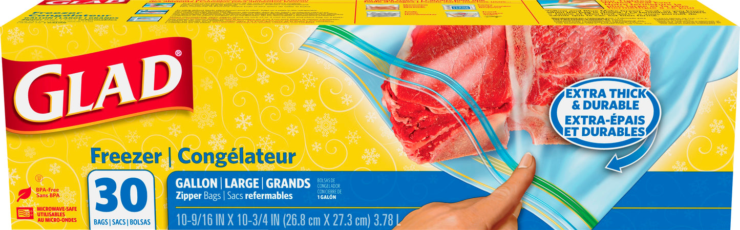 Glad Large Gallon Freezer Zipper Bags 30 ea