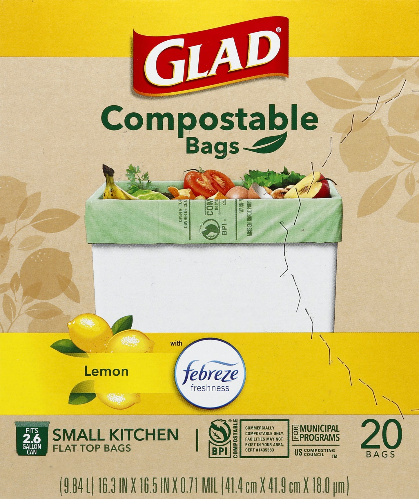 Glad Small Kitchen Lemon with Febreze Freshness Compostable Bags 20 ea