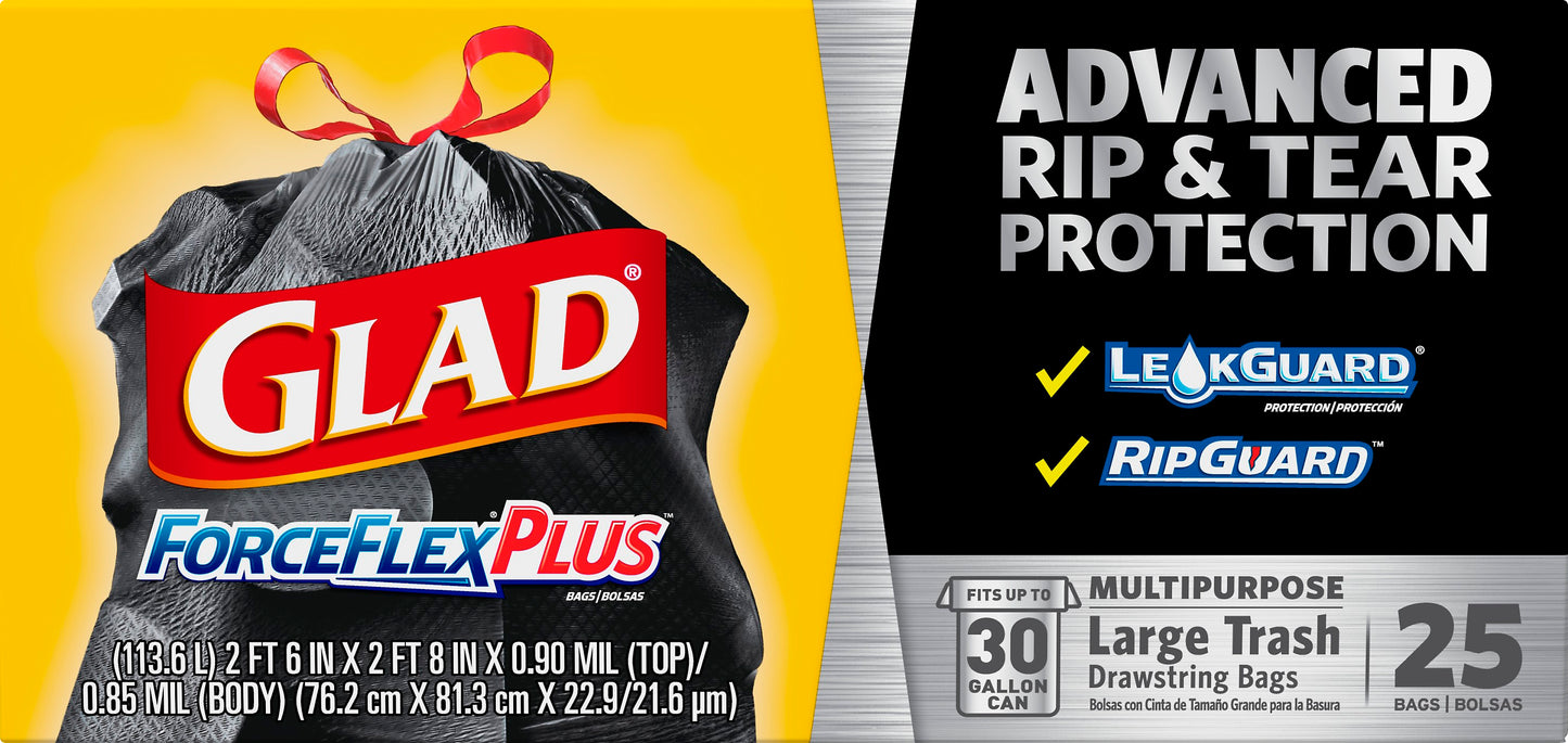 Glad ForceFlex Plus 30 Gallon Large Drawstring Multipurpose Trash Bags 25 ea