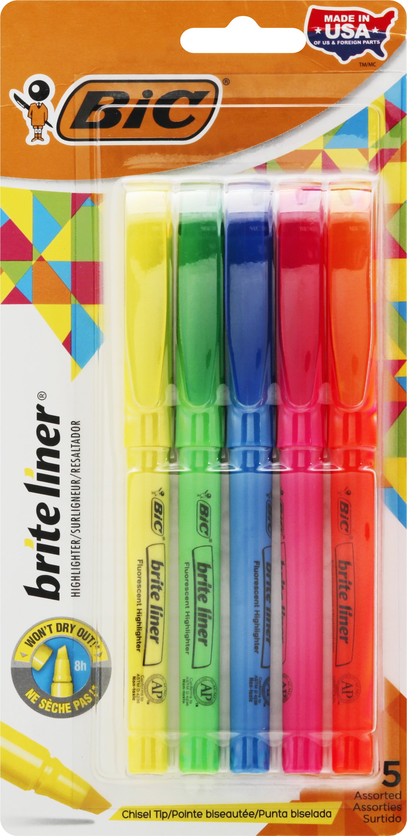BiC Brite Liner Chisel Tip Assorted Highlighter 5 ea