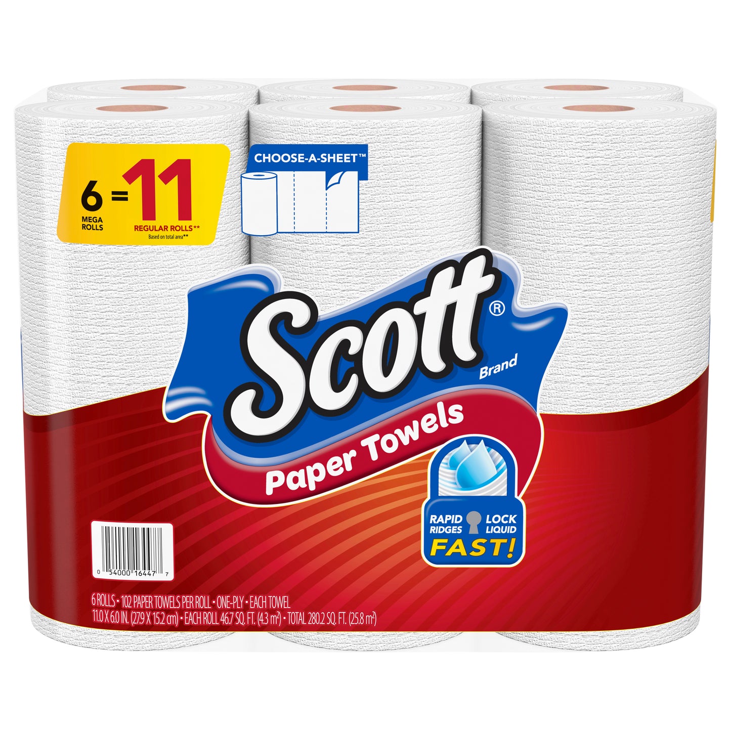 Scott Paper Towels, Choose-A-Sheet - 6 Mega Rolls = 11 Regular Rolls (102 Sheets Per Roll)
