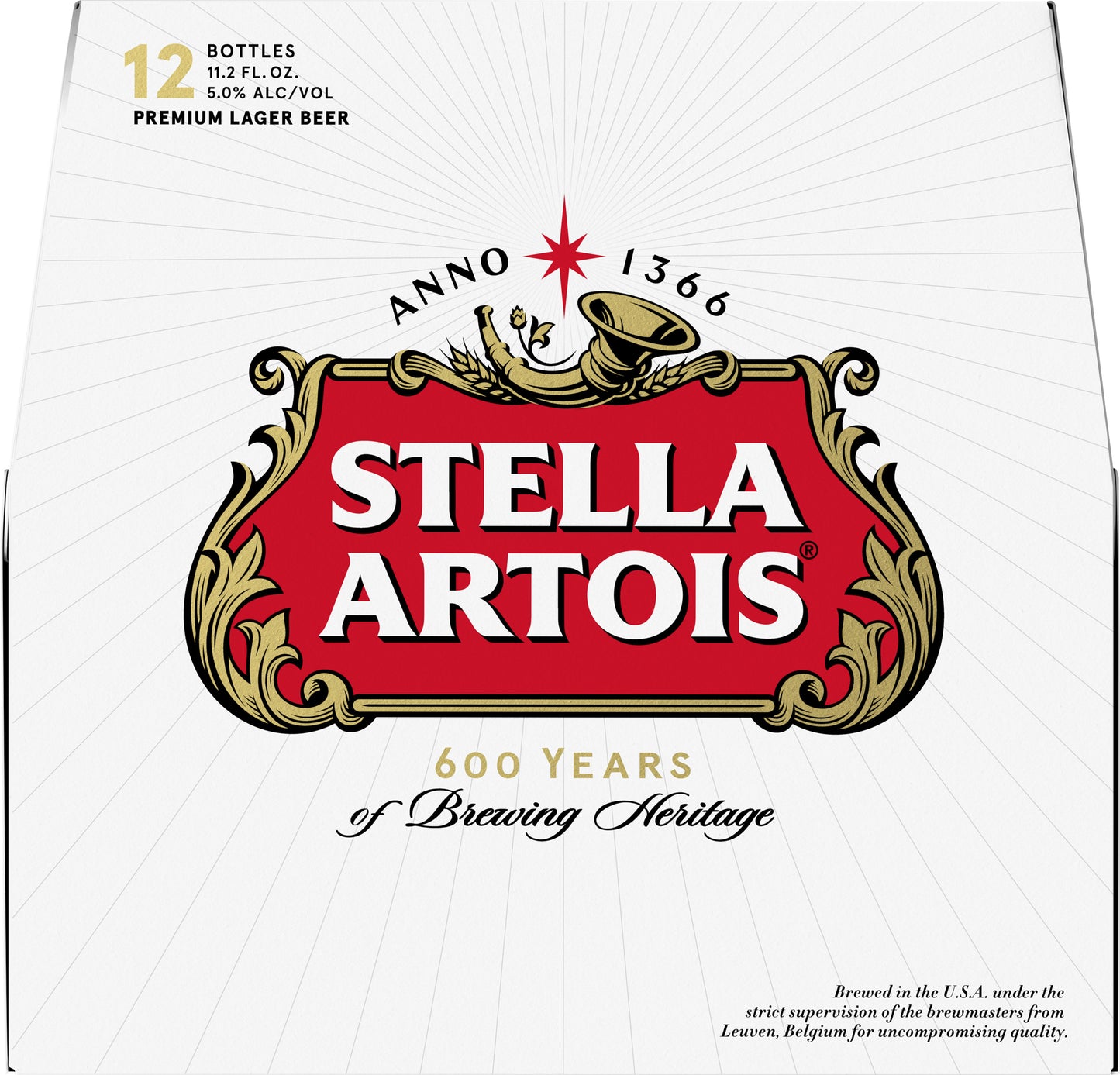 Stella Artois - Brewed at AB 12x11.2 oz Glass Bottle Snug CARRIER - Top Handle - Spot UV - End Panel