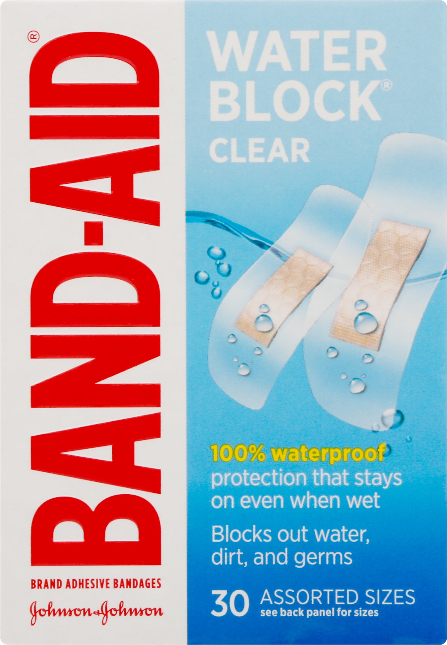Band Aid Water Block Clear Assorted Sizes Bandages 30 ea