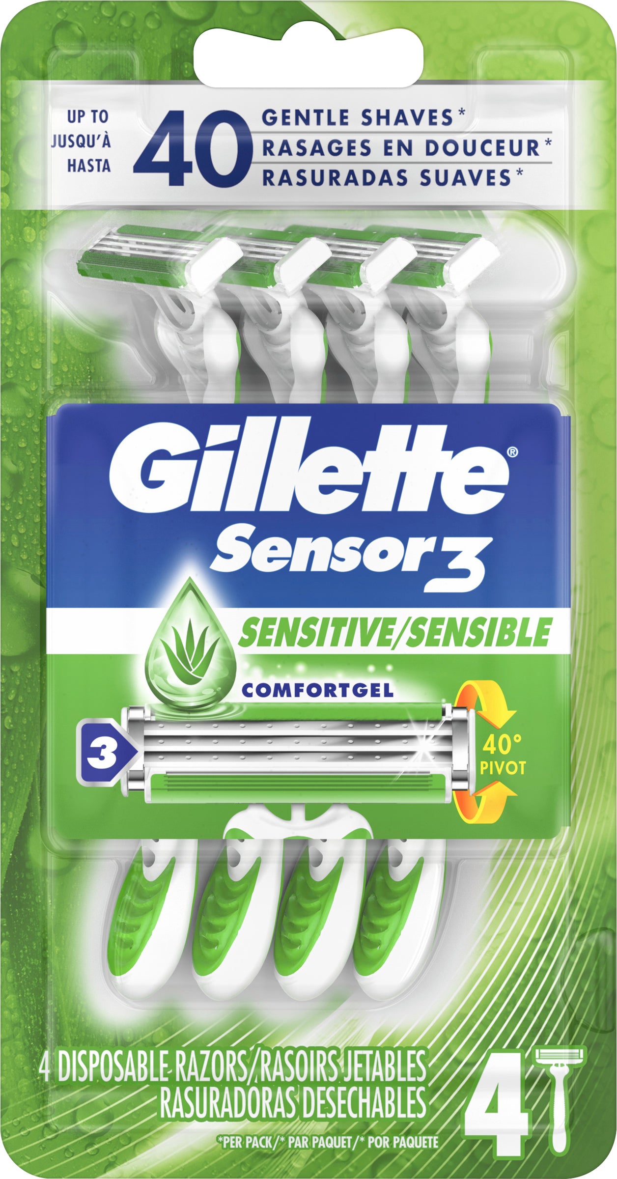 Gillette Sensor3 Sensitive Men's Disposable Razor, 4 Razors