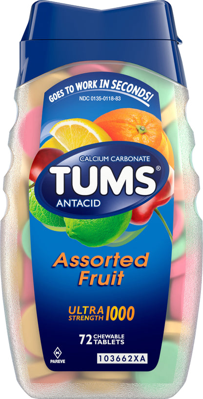 TUMS Ultra Strength Chewable Antacid Tablets for Heartburn Relief, Assorted Fruit - 72 Count