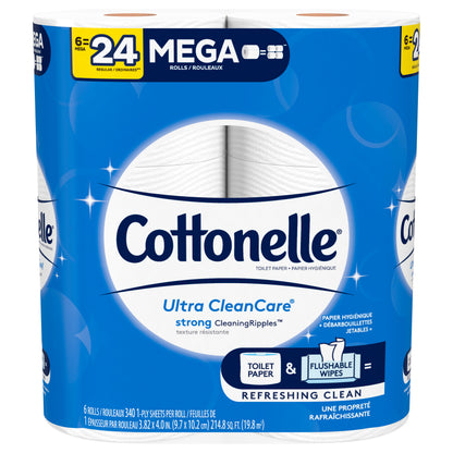 Cottonelle Ultra CleanCare Toilet Paper, 6 Mega Rolls, Strong Bath Tissue (6 Mega Rolls = 24 Regul