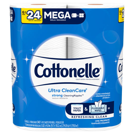 Cottonelle Ultra CleanCare Toilet Paper, 6 Mega Rolls, Strong Bath Tissue (6 Mega Rolls = 24 Regul