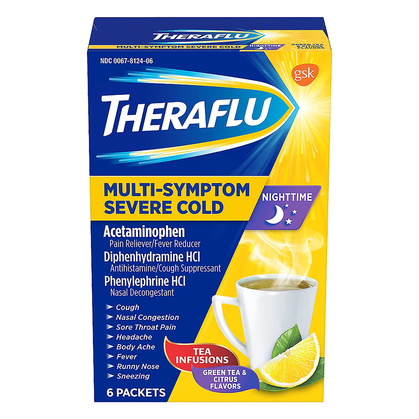 Theraflu Nighttime Multi-Symptom Severe Cold Hot Liquid Powder Green Tea and Citrus Flavors 6 Count