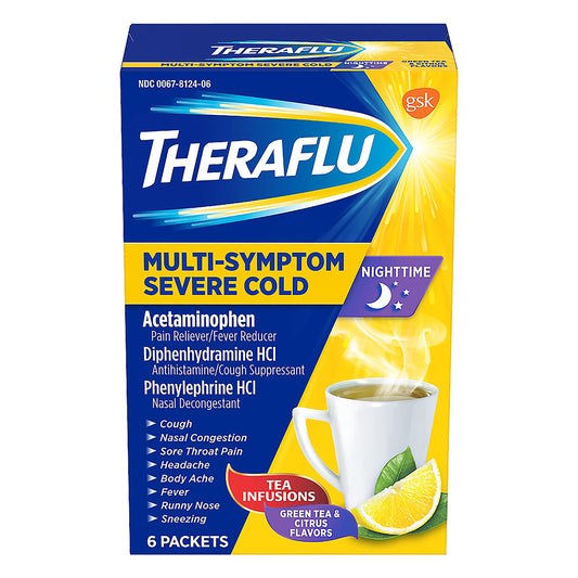 Theraflu Nighttime Multi-Symptom Severe Cold Hot Liquid Powder Green Tea and Citrus Flavors 6 Count