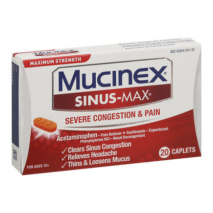 Mucinex Sinus-Max Maximum Strength Severe Congestion & Pain 20 Caplets Box