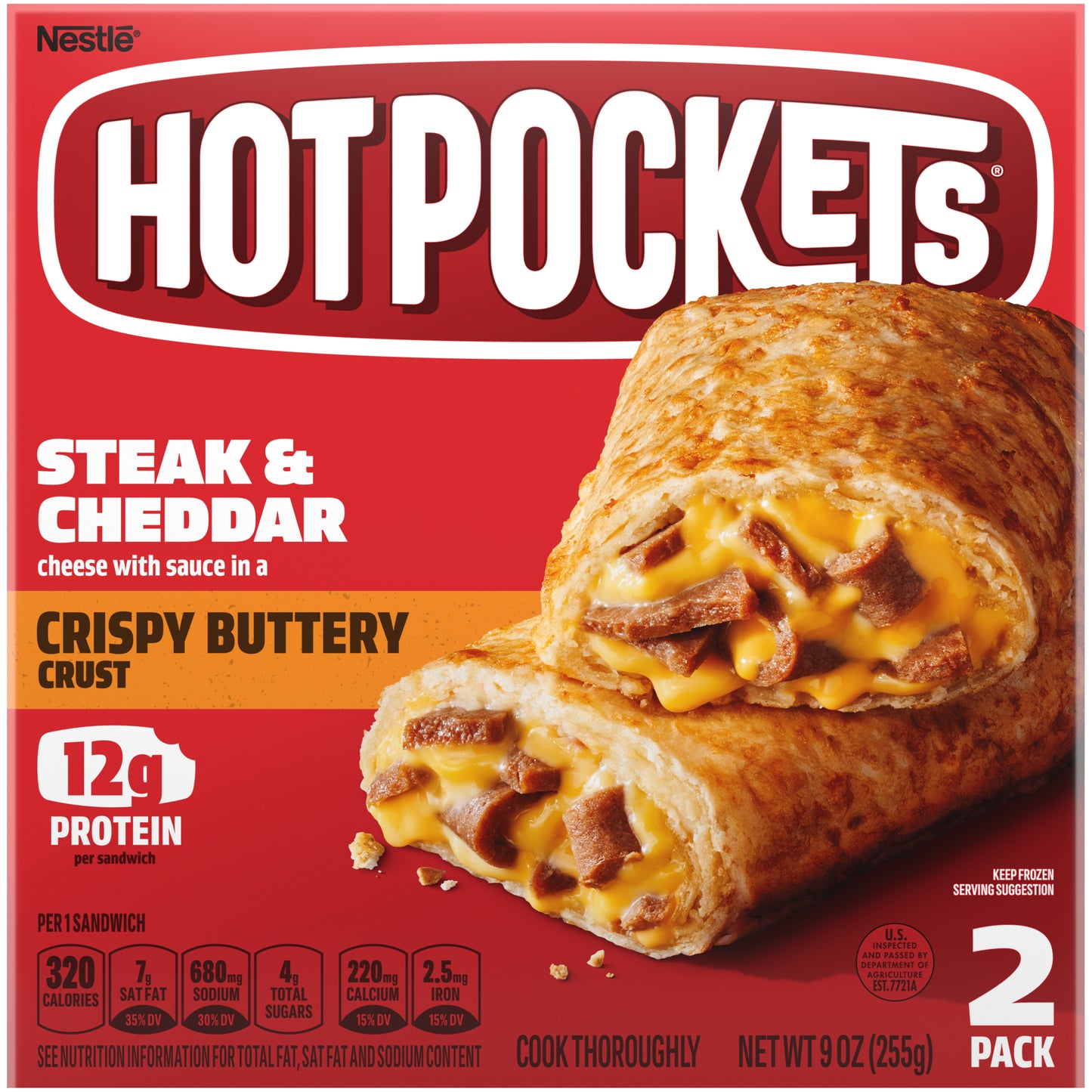 HOT POCKETS Steak and Cheddar Frozen Sandwiches 2 ct Box | Frozen Food with Cheddar Cheese