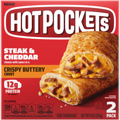 HOT POCKETS Steak and Cheddar Frozen Sandwiches 2 ct Box | Frozen Food with Cheddar Cheese