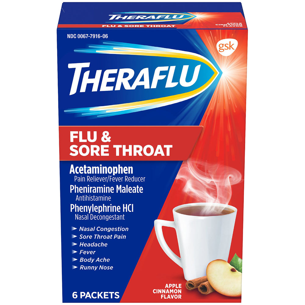 Theraflu Flu and Sore Throat Hot Liquid Powder Apple Cinnamon Flavor 6 Count Box