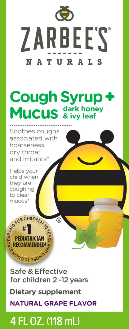 Zarbee's Naturals Children's Dark Honey & Ivy Leaf Natural Grape Flavor Cough Syrup + Mucus 4 fl oz