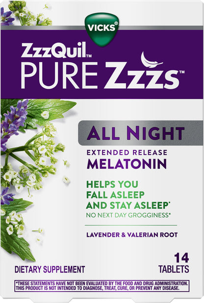 ZzzQuil PURE Zzzs ALL NIGHT Extended Release Melatonin Sleep Aid with Lavender & Valerian Root, 2mg