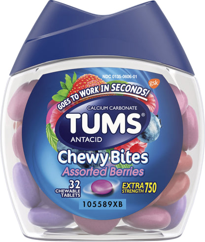 TUMS Chewy Bites Chewable Antacid Tablets for Heartburn Relief, Assorted Berries - 32 Count