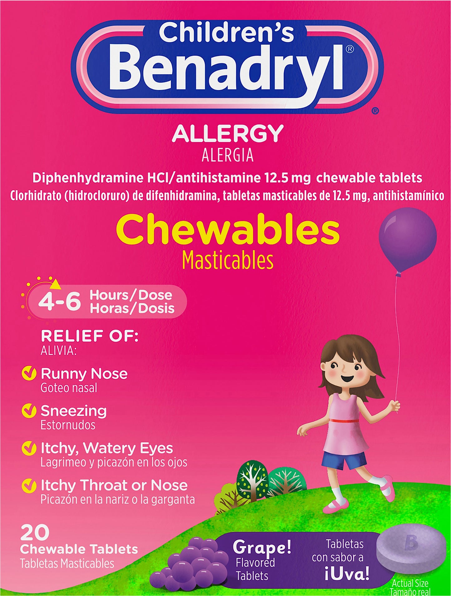 Children's Benadryl Allergy Relief Chewable Tablets, Grape, 20 ct