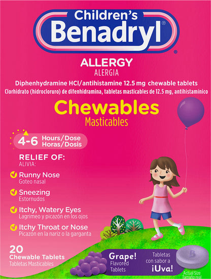 Children's Benadryl Allergy Relief Chewable Tablets, Grape, 20 ct