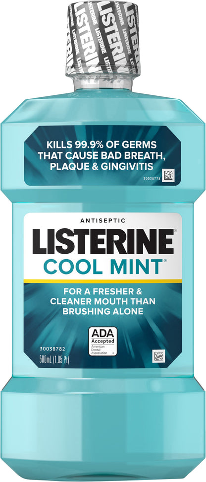 Listerine Cool Mint Antiseptic Mouthwash, Bad Breath & Plaque, 500 mL