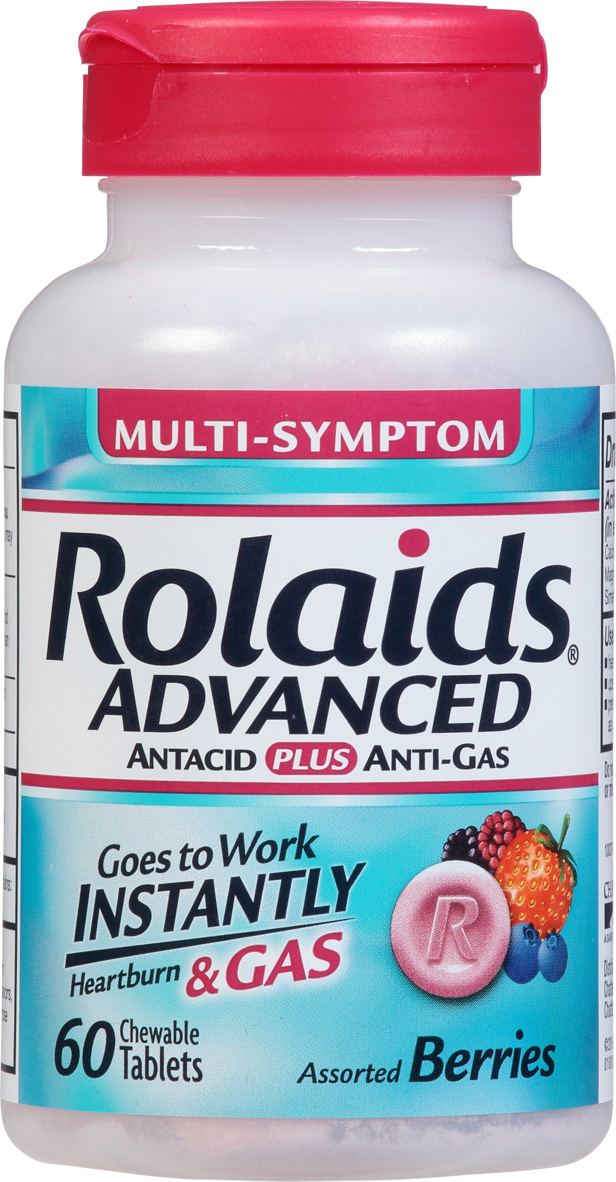 Rolaids Advanced Assorted Berries Multi-Symptom Antacid Plus Anti-Gas 60 Chewable Tablets