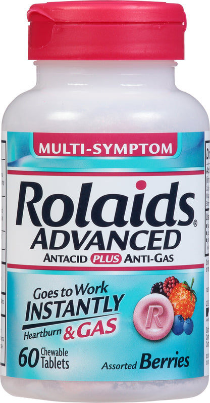 Rolaids Advanced Assorted Berries Multi-Symptom Antacid Plus Anti-Gas 60 Chewable Tablets