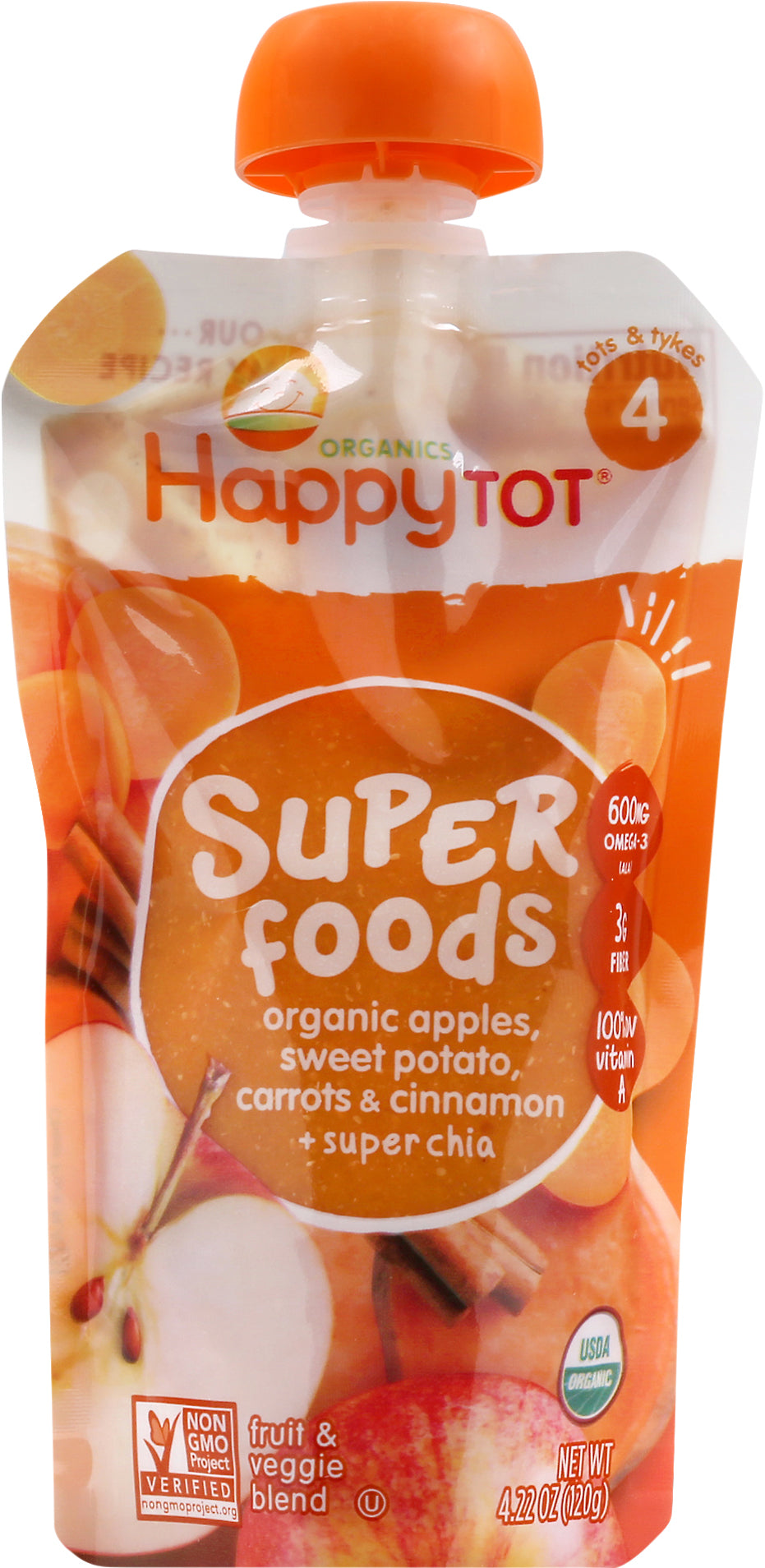 HappyTot Organics Superfoods Apples, Sweet Potato, Carrots & Cinnamon + Super Chia 4.22 oz