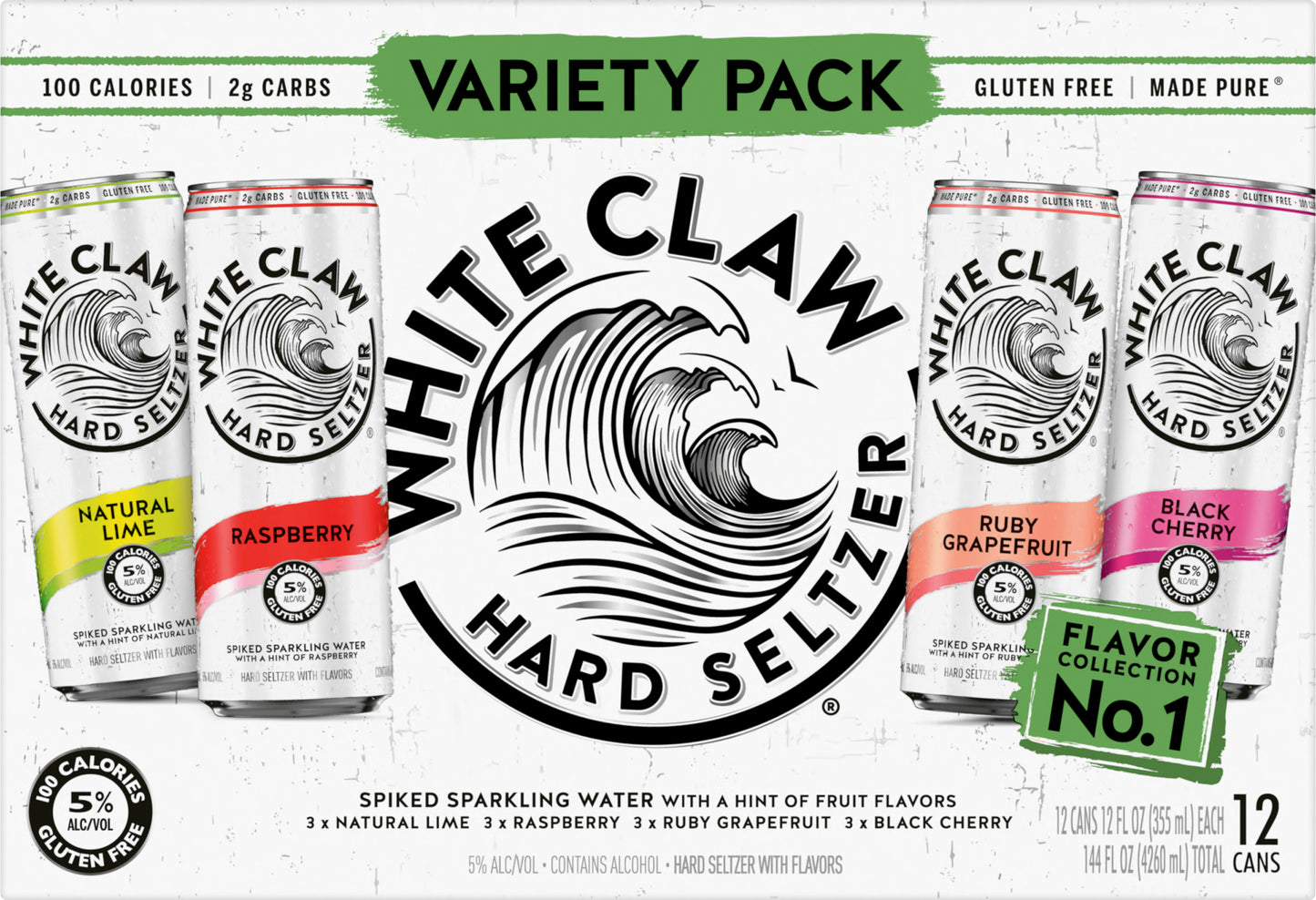 White Claw 12 Pack Variety Pack Spiked Natural Lime/Raspberry/Ruby Grapefruit/Black Cherry Hard Selt