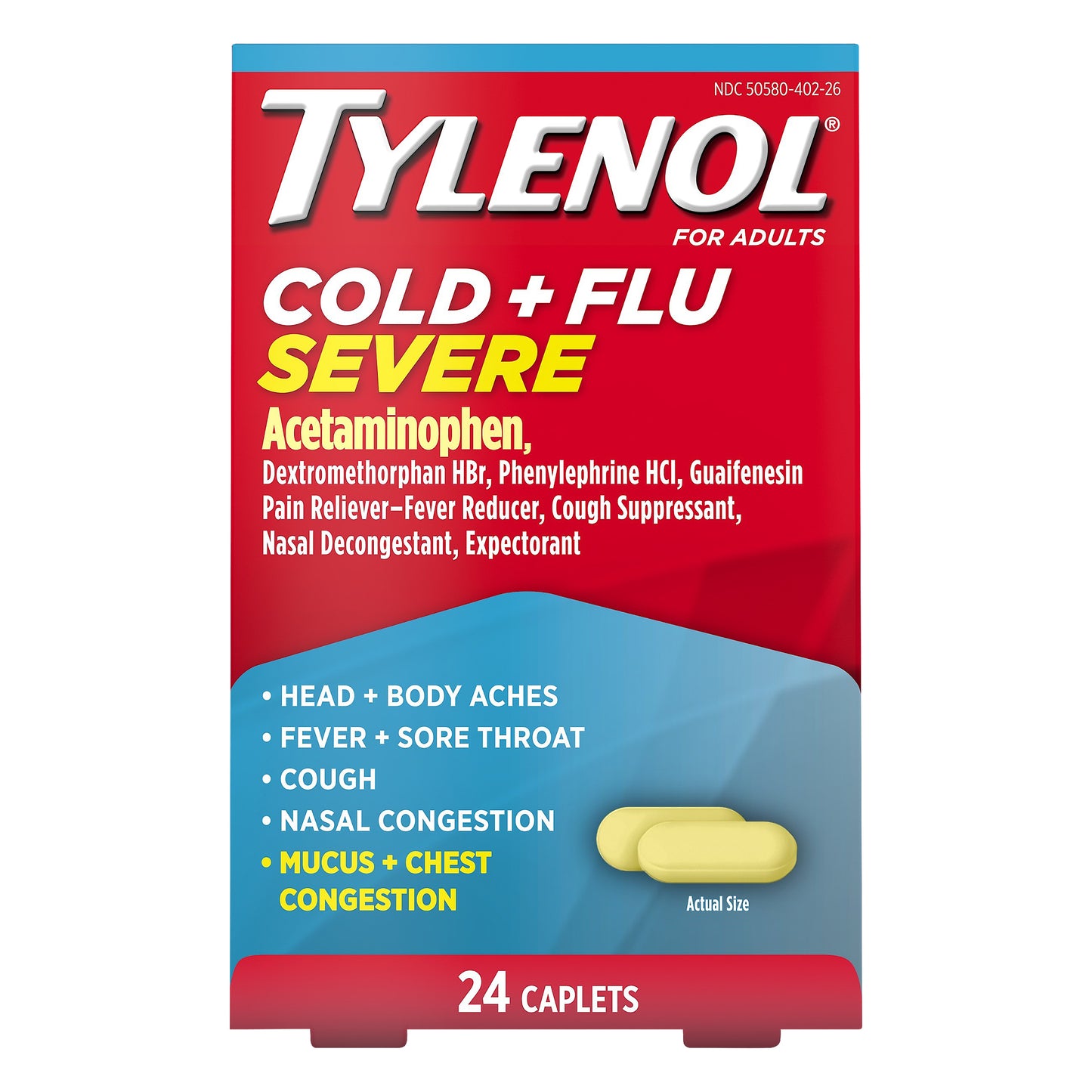 Tylenol Caplets for Adults Cold + Flu Severe 24 ea