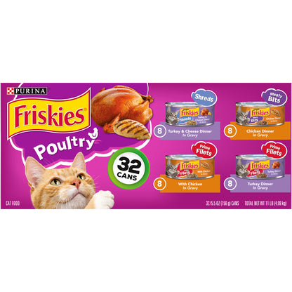 Purina Friskies Gravy Wet Cat Food Variety Pack, Poultry Shreds, Meaty Bits & Prime Filets - (32) 5.