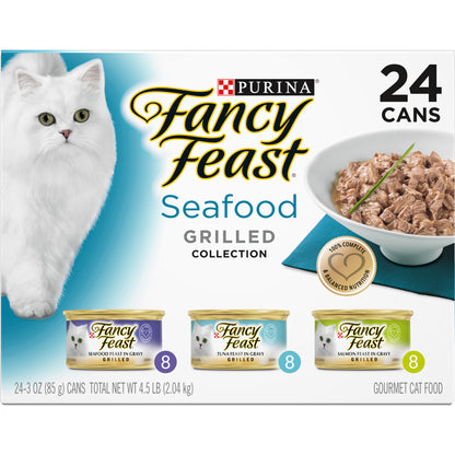 Purina Fancy Feast Gravy Wet Cat Food Variety Pack, Seafood Grilled Collection - (24) 3 oz. Cans