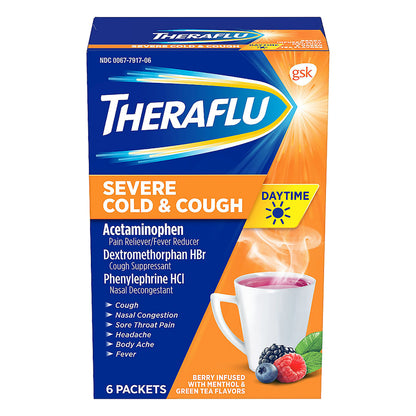 Theraflu Daytime Severe Cold and Cough Hot Liquid Powder Berry Infused with Menthol and Green Tea Fl