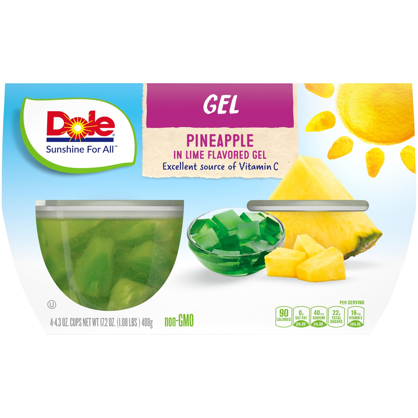 DOLE® Fruit Bowls® Pineapple in Lime Flavored Gel 4-4.3 oz. Cups