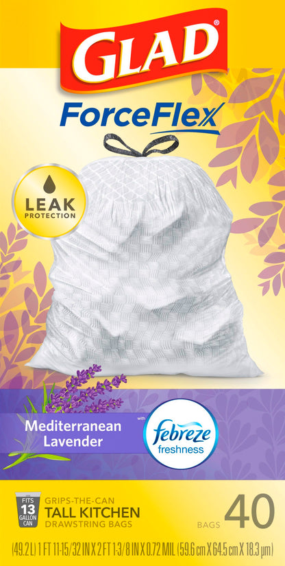 Glad ForceFlex 13 Gallon Tall Kitchen Mediterranean Lavender Drawstring Bags 40 ea