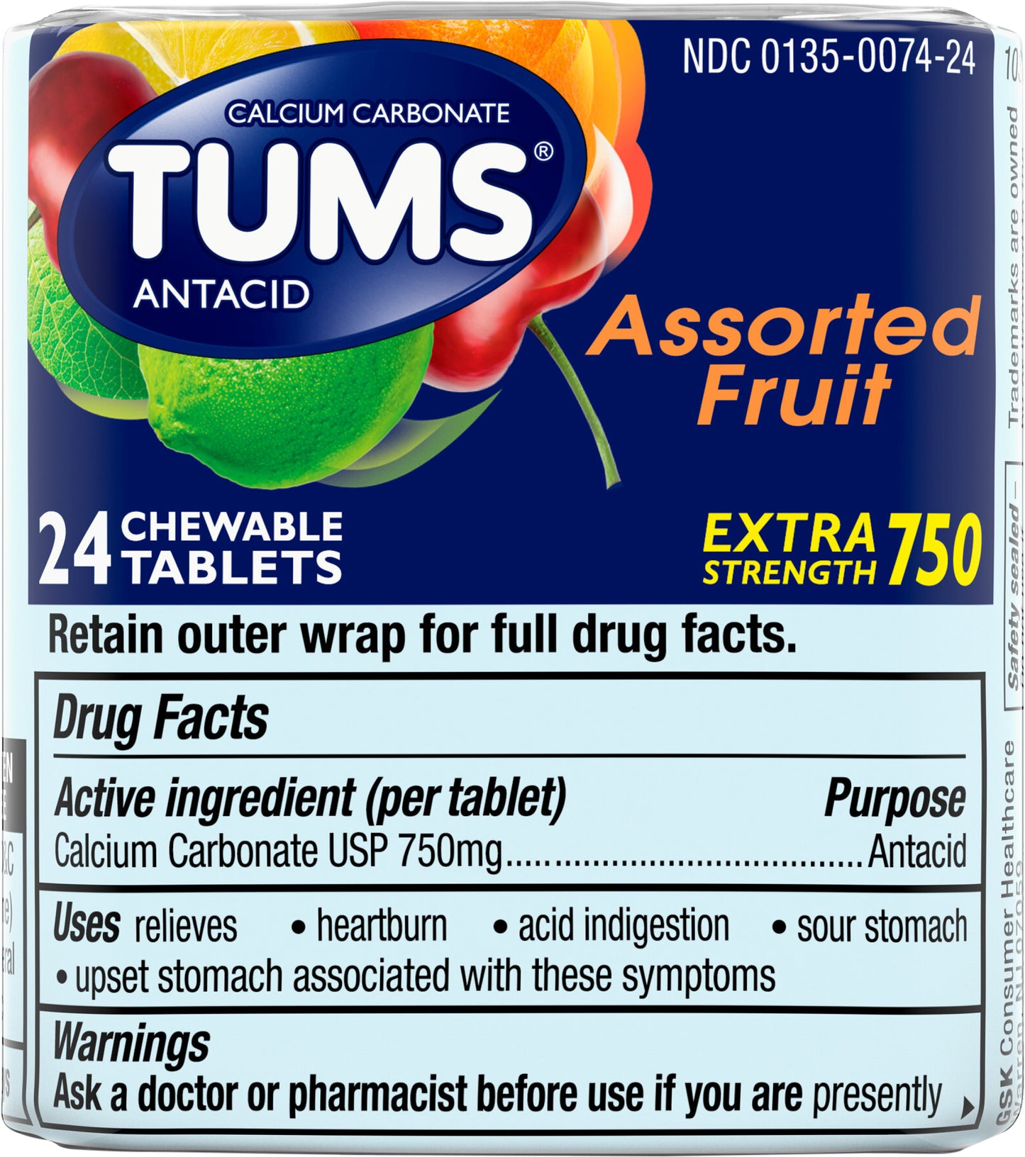 TUMS Chewable Antacid Tablets for Extra Strength Heartburn Relief, Assorted Fruit Flavors - 8 Count