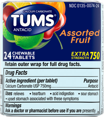 TUMS Chewable Antacid Tablets for Extra Strength Heartburn Relief, Assorted Fruit Flavors - 8 Count