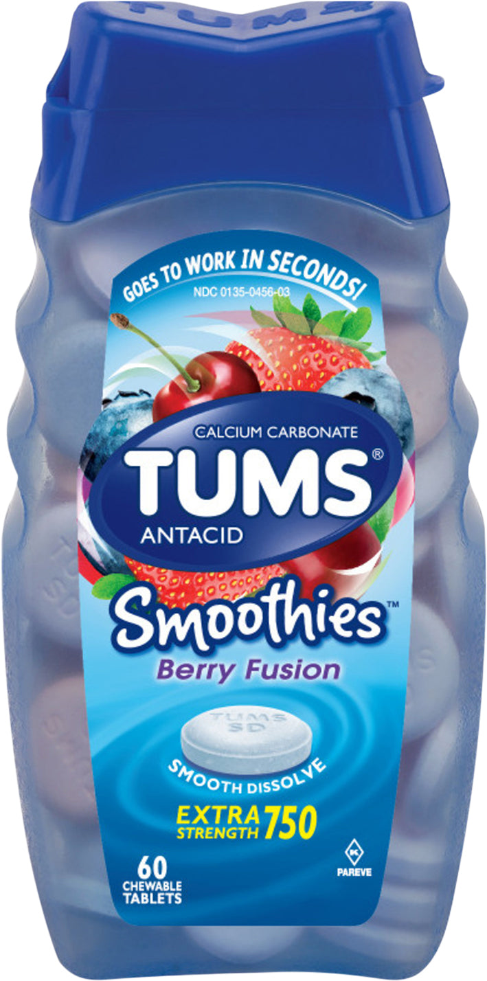TUMS Smoothies Chewable Antacid Tablets for Extra Strength Heartburn Relief, Berry Fusion - 60 Count