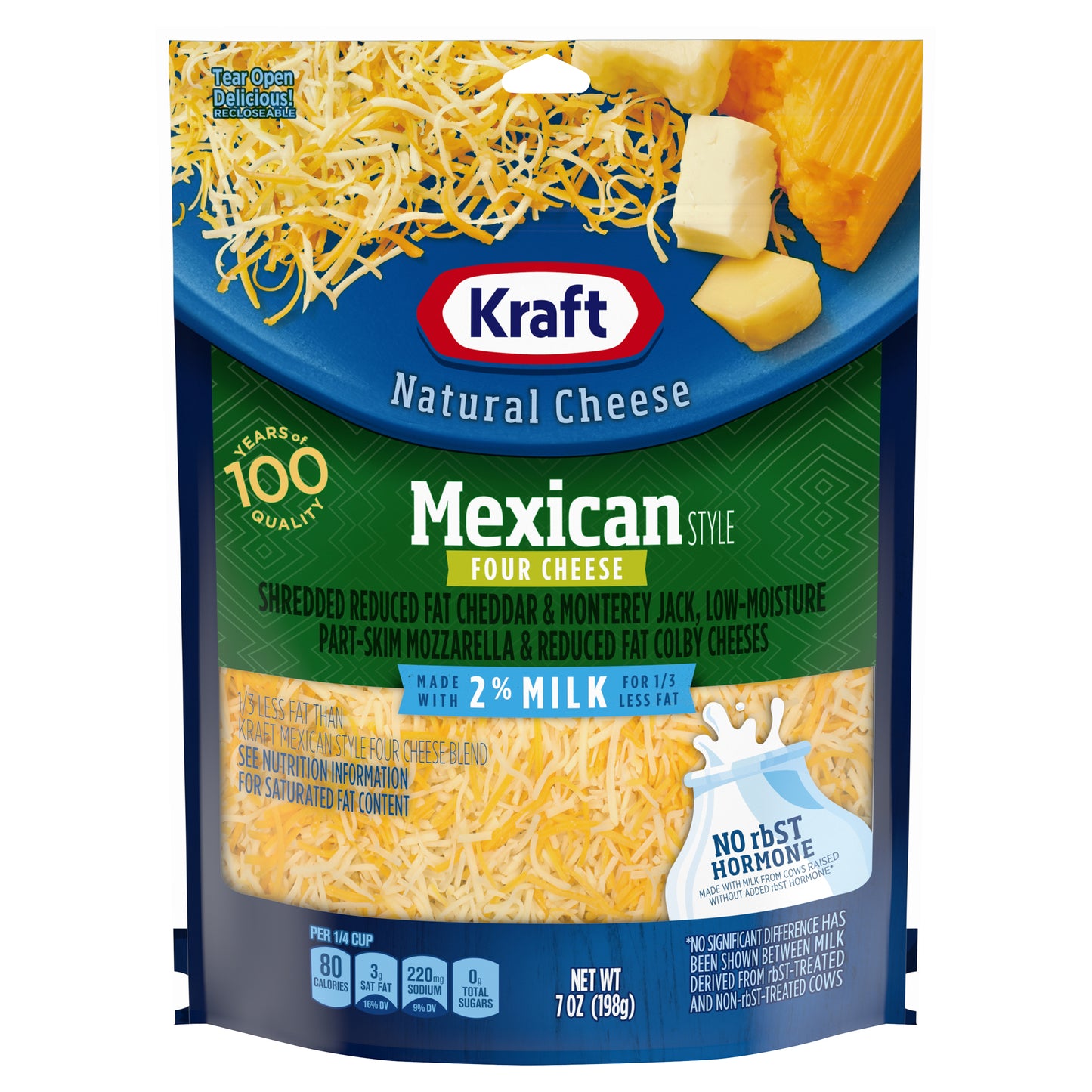 Kraft Shredded 2% Milk Reduced Fat Mexican Style Four Cheese Blend, 7 oz Bag