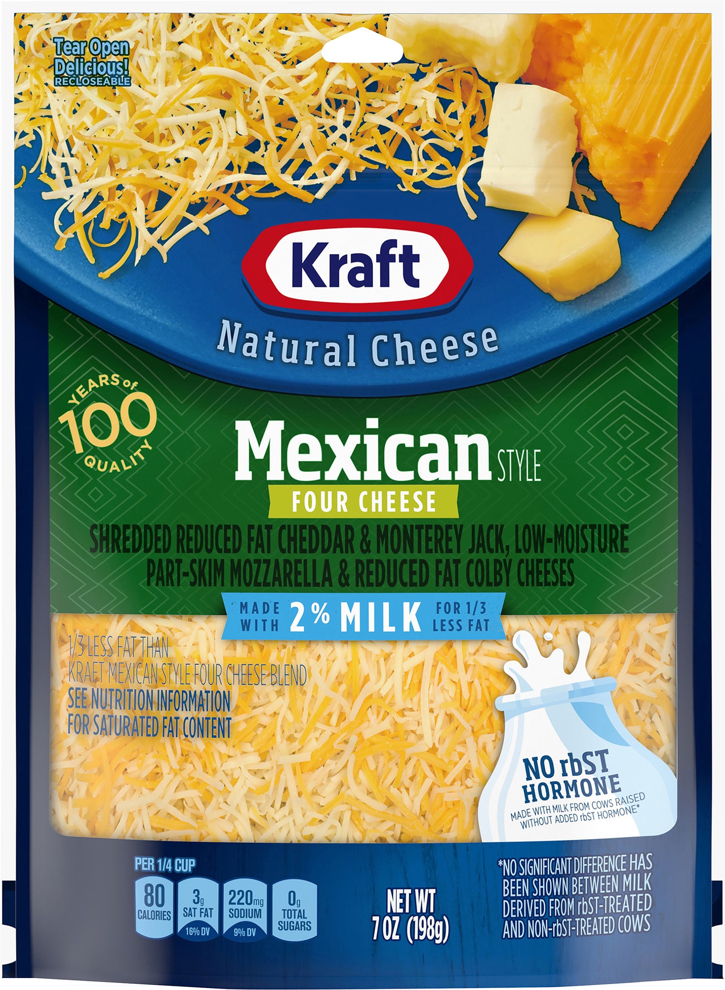 Kraft Shredded 2% Milk Reduced Fat Mexican Style Four Cheese Blend, 7 oz Bag