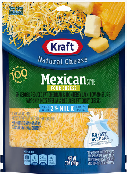 Kraft Shredded 2% Milk Reduced Fat Mexican Style Four Cheese Blend, 7 oz Bag