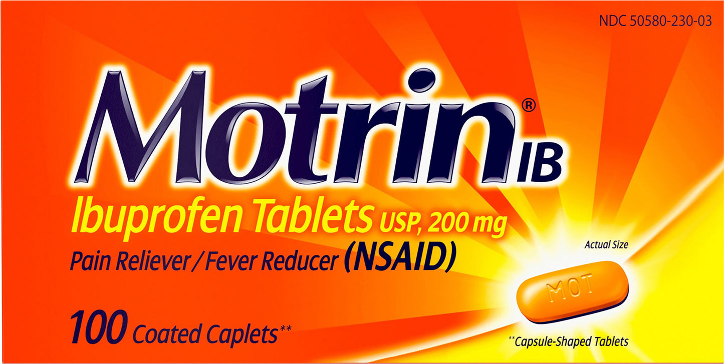 Motrin IB, Ibuprofen 200mg Tablets for Pain & Fever Relief, 100 ct