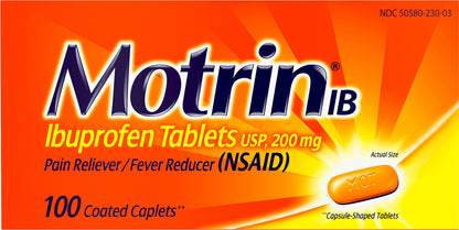 Motrin IB, Ibuprofen 200mg Tablets for Pain & Fever Relief, 100 ct