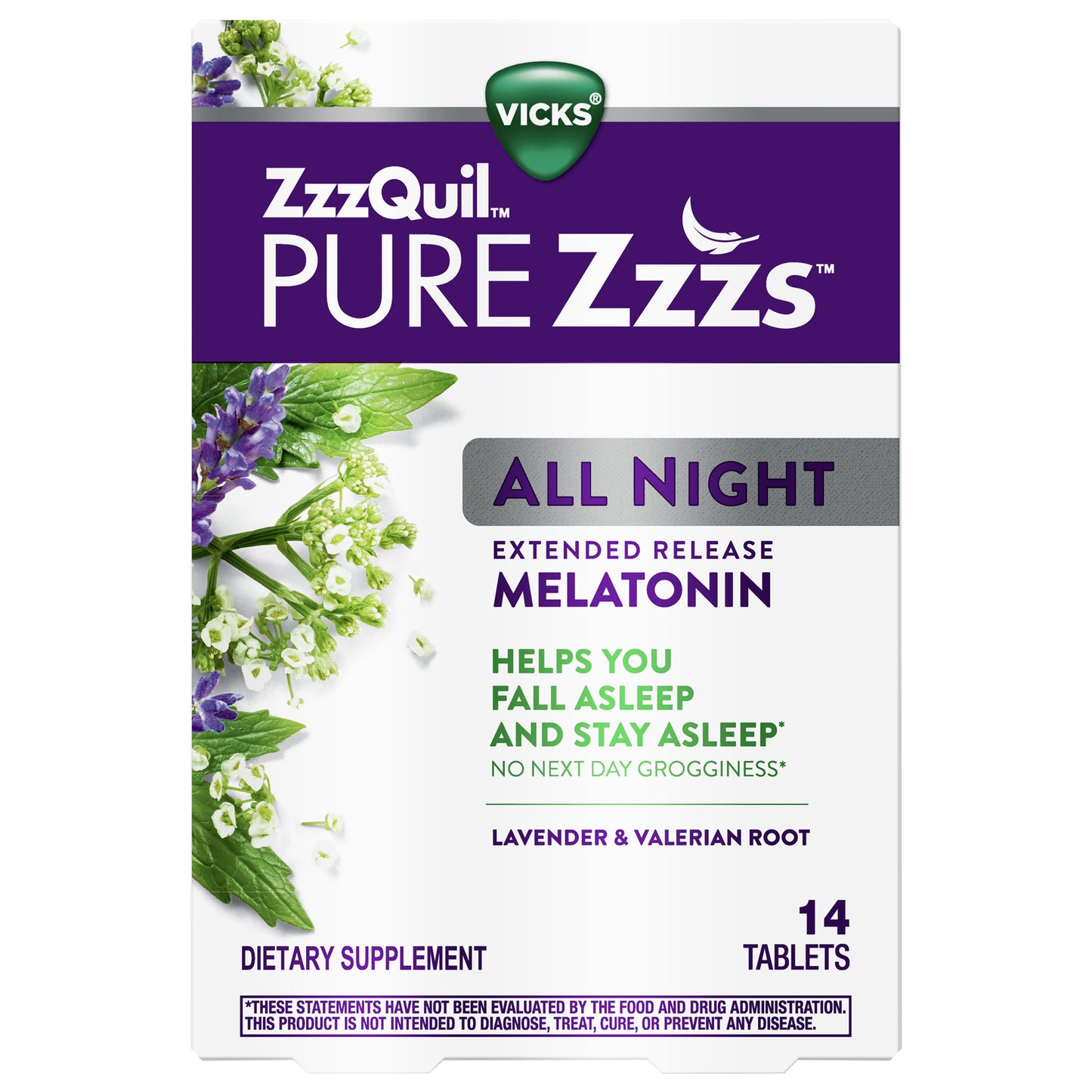 ZzzQuil PURE Zzzs ALL NIGHT Extended Release Melatonin Sleep Aid with Lavender & Valerian Root, 2mg
