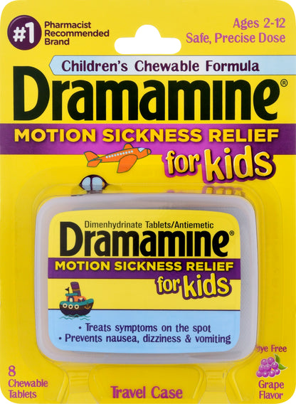 Dramamine for Kids Chewable Tablets Travel Case Grape Flavor Motion Sickness Relief 8 ea