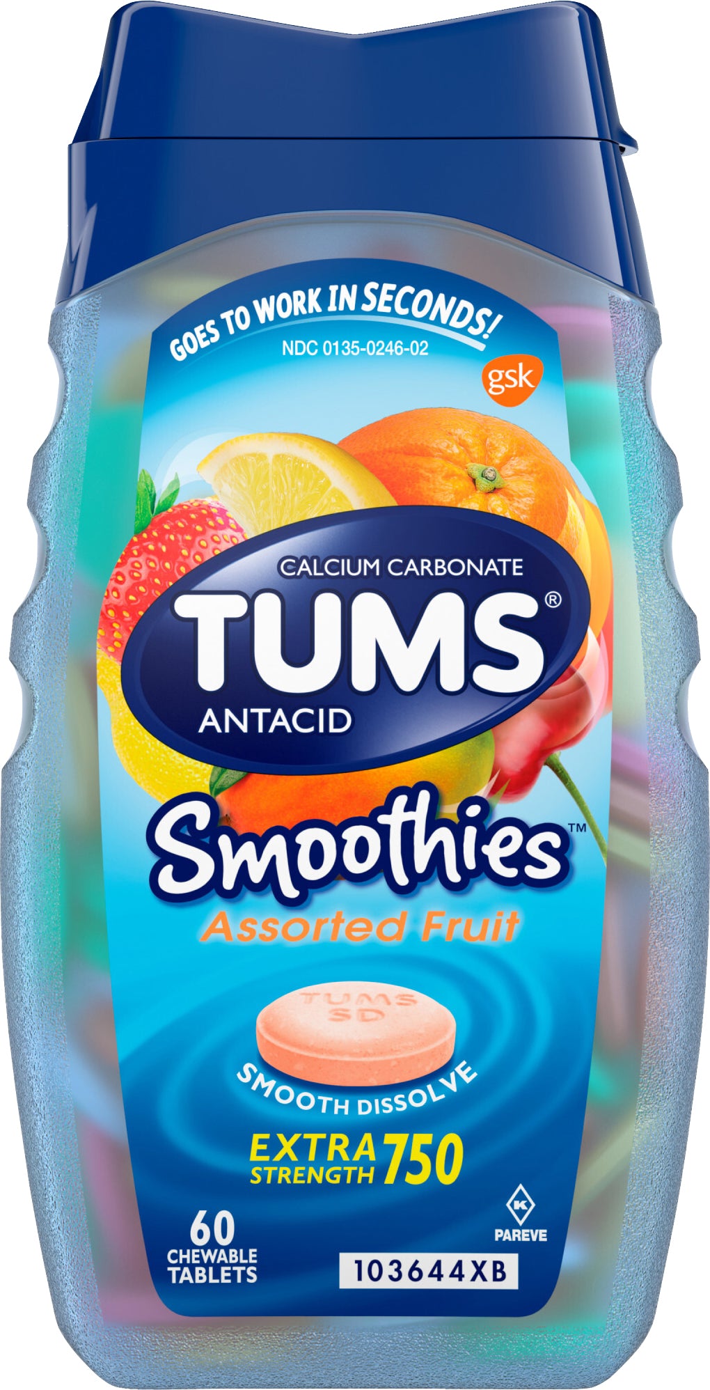 TUMS Smoothies Chewable Extra Strength Antacid Tablets for Heartburn Relief, Assorted Fruit - 60 Cou