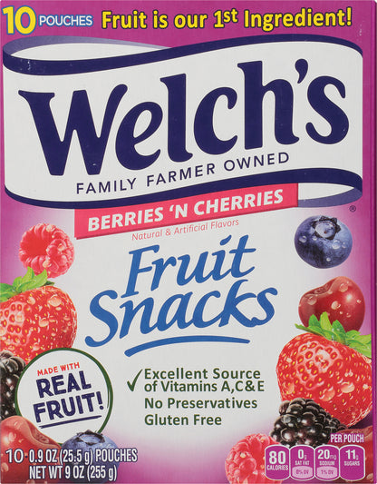 Welch's Fruit Snacks, Berries N Cherries, 0.9 Ounces, 10 Pouches