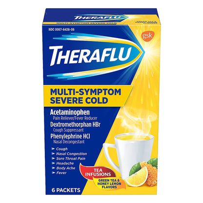 Theraflu Multi-Symptom Severe Cold Hot Liquid Powder Tea Infusions Green Tea and Honey Lemon Flavors