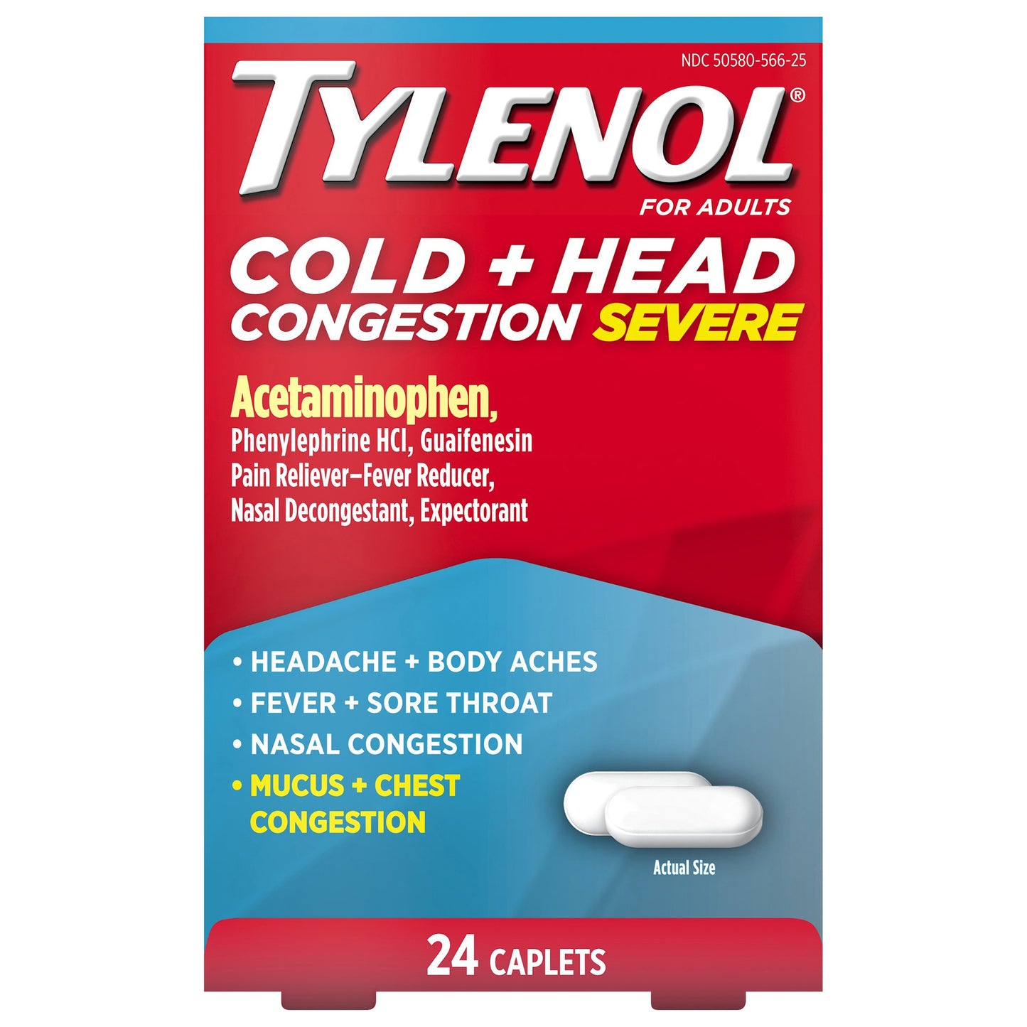 Tylenol Caplets for Adults Congestion Severe Cold + Head 24 ea