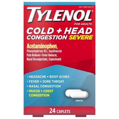 Tylenol Caplets for Adults Congestion Severe Cold + Head 24 ea
