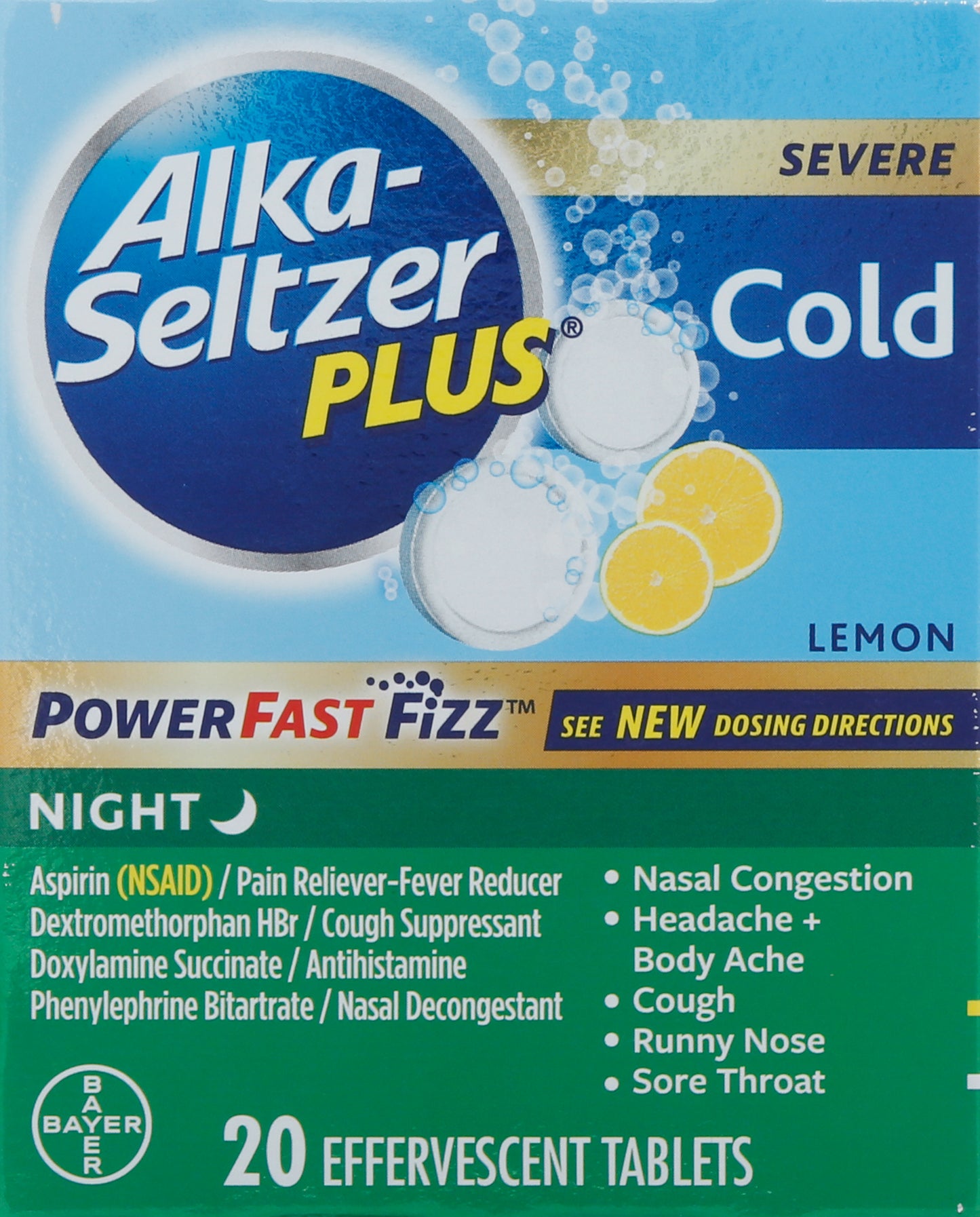 Alka-Seltzer Plus Effervescent Tablets PowerFast Fizz Night Severe Lemon Cold 20 Tablets 20 ea